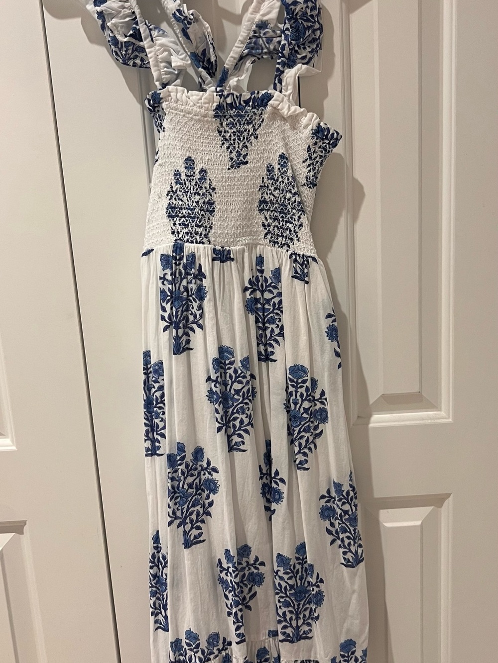Smocked White Maxi Dress with Blue Floral Print